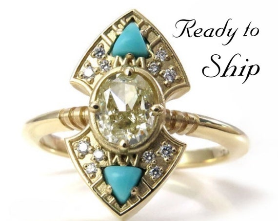 Ready to Ship Size 6 - 8 Natural Yellow Diamond Engagement Ring with Arizona Turquoise Trillions - 14k Yellow Gold