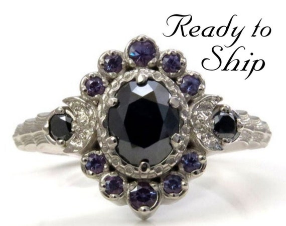 Ready to Ship Size 6 - 8 - Moon Wave Oval Halo Celestial Engagement Ring - Black Diamonds with Chatham Alexandrite Accents