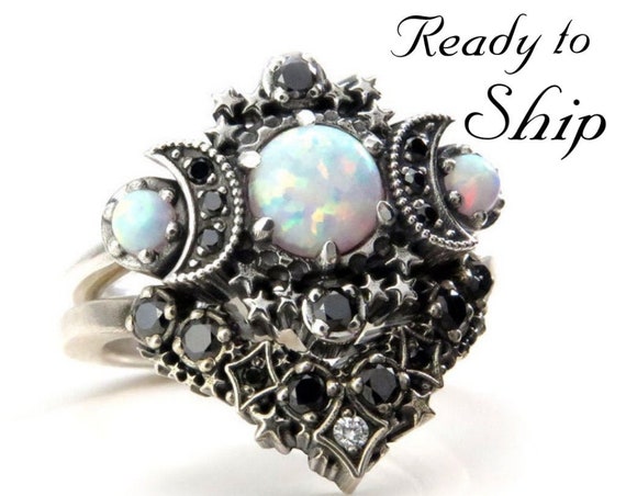 Ready to Ship Size 6 - 8 - Lab Opal Cosmos Moon and Star Ring Set - Sterling Silver with Black & White Diamonds - Gothic Lunar Engagement