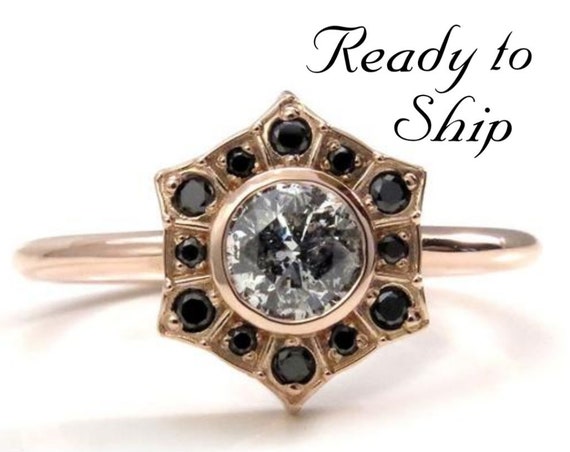 Ready to Ship Size 6 - 8 - Salt & Pepper Diamond Art Deco Halo Engagement Ring with Black Diamond Halo - 14k Rose Gold