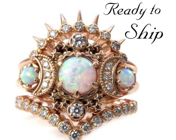 Ready to Ship Size 6 - 8 - Cosmos Moon Engagement Ring 3 Ring Set with Lab Opals and Diamonds - Boho Celestial Wedding Set - 14k Rose Gold
