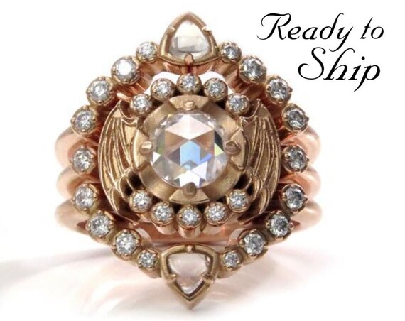 Ready to Ship Size 6 - 8 - Gothic Engagement Ring Set with Bat Wings, Rose Cut Moissanite and Moonstone Trillions & Diamond Wedding Set