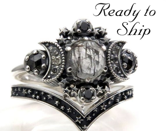Ready to Ship Size 6 - 8 -Rose Cut Black Rutile Quartz Cosmos Moon Engagement Ring Set - Sterling Silver - Black and Salt & Pepper Diamonds