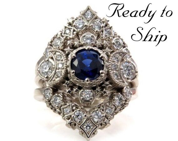 Ready to Ship Size 6 - 8 - Cosmos Constellation Engagement Ring Set - Chatham Sapphire & Diamonds Celestial Wedding Set - 14k White Gold