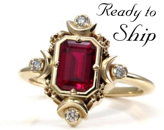Ready to Ship Size 6 - 8 - Step Emerald Cut Chatham Ruby Artemis Moon Engagement Ring with Diamonds - Moon & Stars Wedding - 14k Yellow Gold