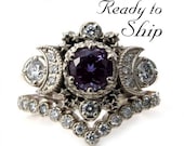 Ready to Ship Size 6 - 8 - Chatham Alexandrite Cosmos White Gold Moon Engagement Ring - Moon & Star Wedding Set