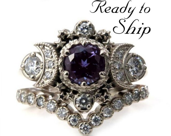 Ready to Ship Size 6 - 8 - Chatham Alexandrite Cosmos White Gold Moon Engagement Ring - Moon & Star Wedding Set