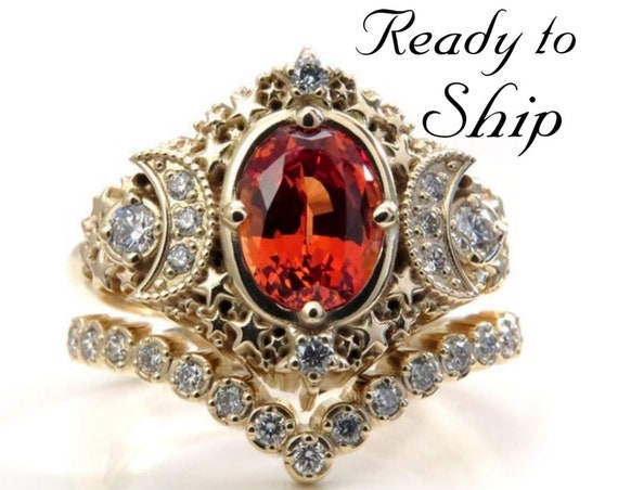 Ready to Ship Size 6 - 8 - Starseed Engagement Ring Set - Oval Chatham Padparadscha Sapphire and Diamonds - 14k Yellow Gold