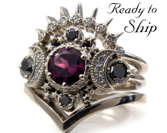 Ready to Ship Size 6 - 8 -Cosmos Moon Engagement Ring 3 Ring Set with Rhodolite Garnet & Diamonds - Gothic Celestial Wedding Set