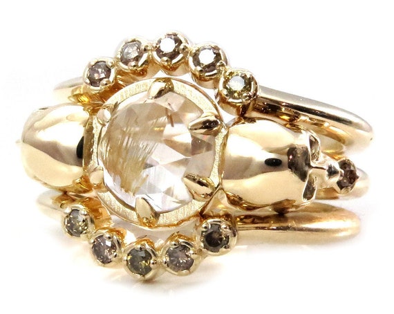 Day of the Dead Skull Engagement Ring Stacking Set - Rutile Quartz with Champagne Diamond Arc Bands