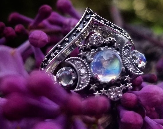 Smooth Moonstone Cosmos Moon and Star Engagement Ring - Sterling Silver with White Diamonds - Nature Engagement