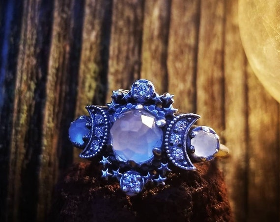 Rose Cut Milky Aquamarine Cosmos Triple Moon and Stardust Engagement Ring Set - Sterling Silver with White Diamonds
