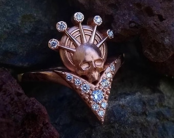 Catacomb Angel - Diamond Halo - 14k Gold Skull with Black or White Diamonds