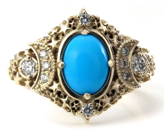 Gold Starseed Engagement Ring - Oval Sleeping Beauty Turquoise and Diamonds - Stardust Celestial Jewelry