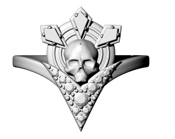 BLUE DIAMOND - Delux Angel CATACOMB - Memento Mori Ring - Gold Skull with Salt & Pepper Kite Diamonds and Irradiated Blue Diamond Chevron