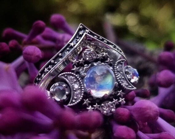Smooth Moonstone Cosmos Moon and Star Engagement Ring - Sterling Silver with White Diamonds - Nature Engagement