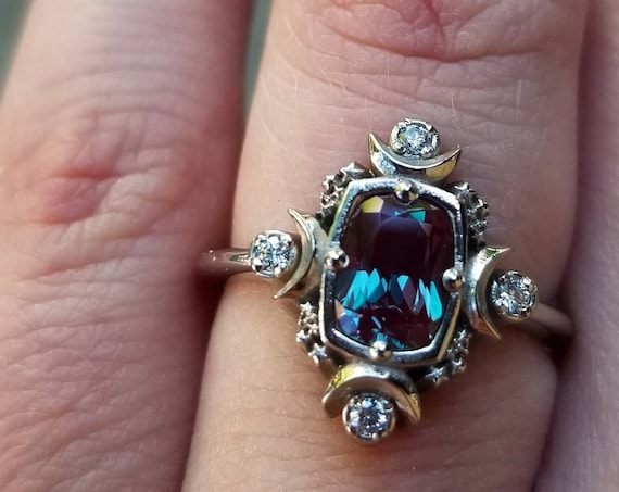 Artemis Moon Engagement Ring with Chatham Alexandrite Cushion and Salt & Pepper Diamonds - Goddess Engagement