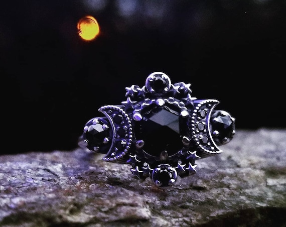 Ready to Ship Size 6 - 8 - Gothic Cosmos Moon Engagement Ring Set Silver Moon and Stardust Chevron Wedding Band