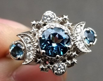 14k Blue Topaz Engagement Ring Natural Diamonds Cosmos Moon Ring - Celestial 3 Stone Ring with Stars