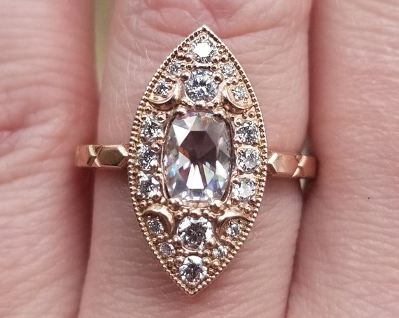 Navette Moon Ring - Rose Cut Antique Cushion Moissanite with White Diamonds - 14k Rose Gold