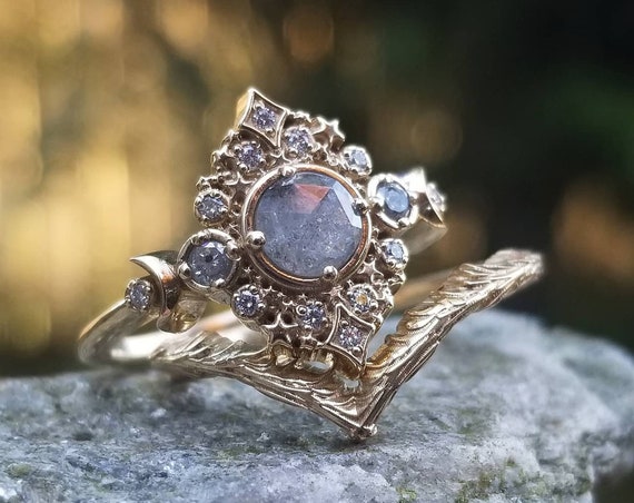 Galaxie Celestial Engagement Ring with Forest Chevron - 14k Gold - Pick your Salt & Pepper Diamond - Boho Moon Wedding Ring Set