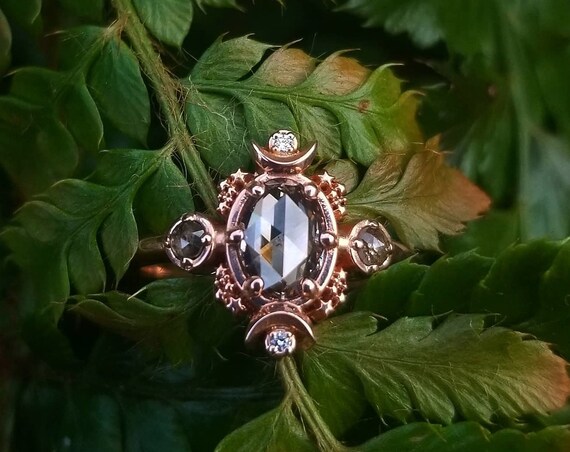 Ready to Ship Size 6 - 8 - Rose Cut Oval Natural Champagne Diamond Moon Engagement Ring with Rose Gold Stardust