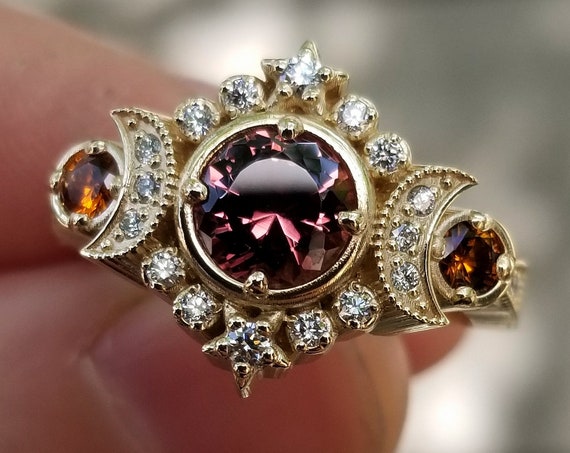 Ready to Ship Size 6 - 8 - Selene Moon Goddess Engagement Ring Set - Malaya & Hessonite Garnets with White Diamonds - 14k Yellow Gold
