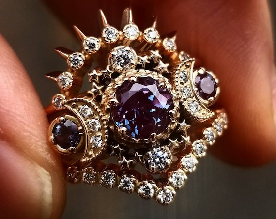 Chatham Alexandrite Cosmos Rose Gold Moon Engagement Ring Set - Nature Moon & Star Lunar Wedding Rings