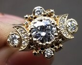 Cosmos Diamond Moon Ring Celestial Engagement - Moissanite or Diamonds Wedding Ring - Pick your Center Stone - Handcrafted Fine Jewelry