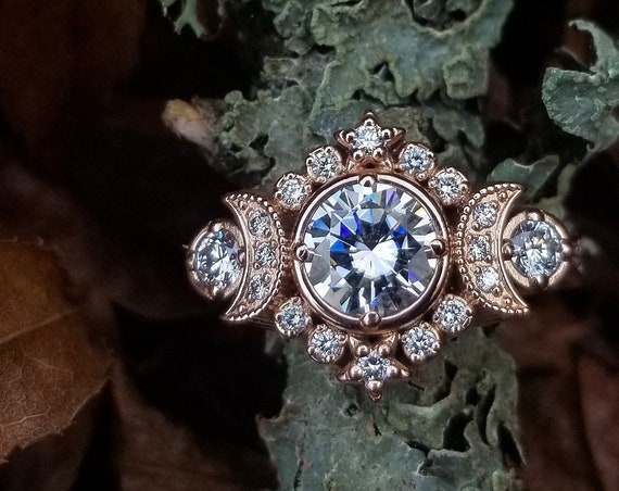 Selene Triple Moon Goddess Engagement Ring - Moissanite or Galaxy Diamond Lunar Boho Wedding Ring -14k Rose Gold