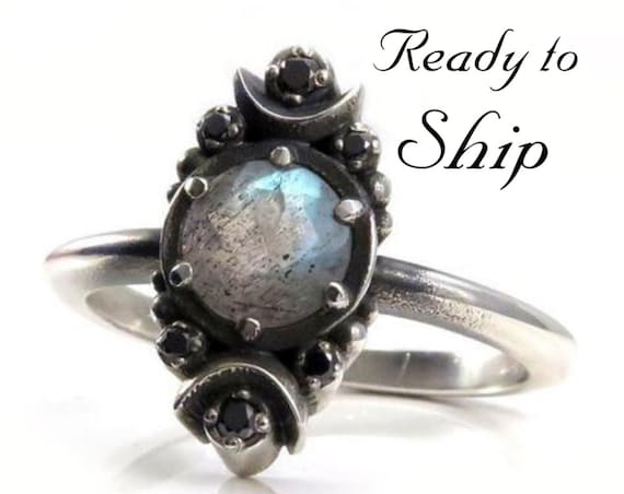 Ready to Ship Size 6 - 8 - Gothic Luna Labradorite Engagement Ring with Black Diamonds - Sterling Silver
