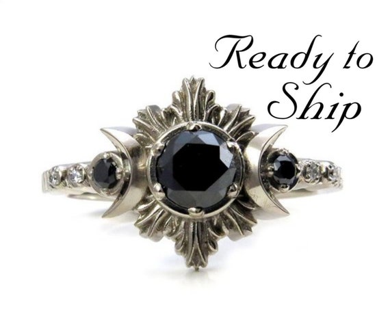 Ready to Ship Size 6 - 8 - Black and White Diamond Moon Fire Engagement Ring - 14k Palladium White Gold
