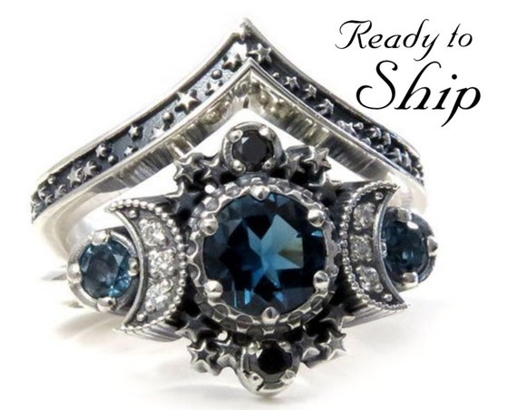 Ready to Ship Size 6 - 8 - London Blue Topaz Cosmos Moon Engagement Ring Set Triple Moon Goddess Silver Ring with Stardust Chevron Band