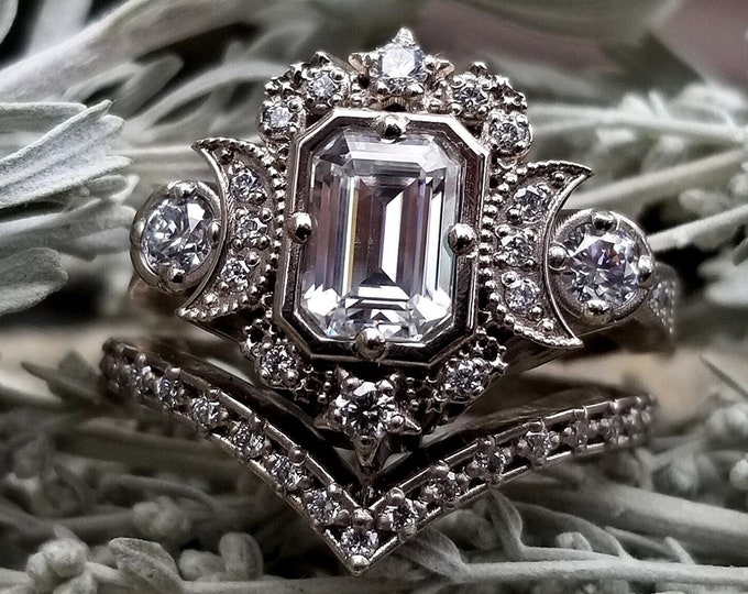 Step Cut Moissanite Selene Triple Moon Engagement Ring Set - Moissanite, Diamonds & 14k Palladium White Gold