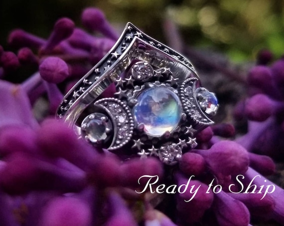Ready to Ship Size 6 - 8 - Smooth Moonstone Cosmos Moon and Star Engagement Ring - Sterling Silver with White Diamonds - Nature Engagement