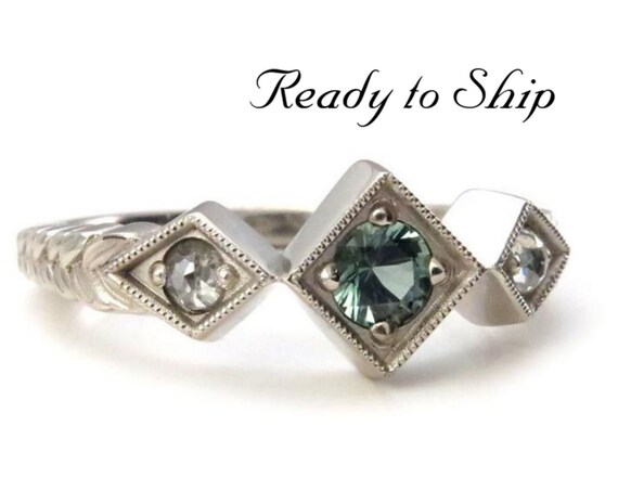 Ready to Ship Size 6 - 8 - Tanzanian Sapphire & Rose Cut Diamond Art Deco Engagement Ring with Sage Leaf Band - 14k Palladium White Gold