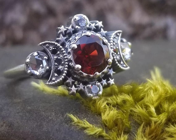 Red Garnet & Grey Diamond Cosmos Moon Engagement Ring Set Silver Goddess Moon and Stardust Chevron Wedding Band