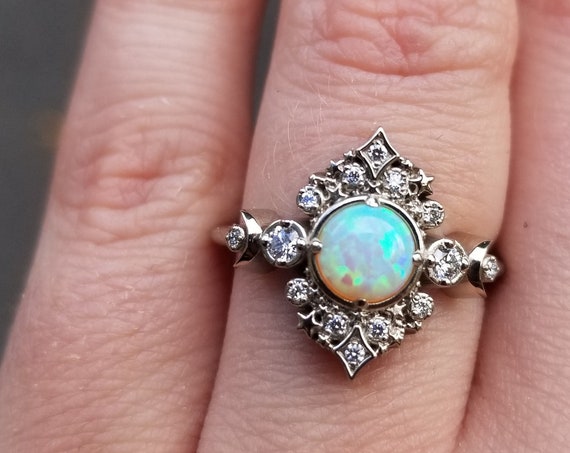 Ready to Ship Size 6 - 8 - White Lab Opal Galaxie Engagement Ring - 14k Palladium White Gold - White Diamond Sides - Moon Phase Wedding Ring