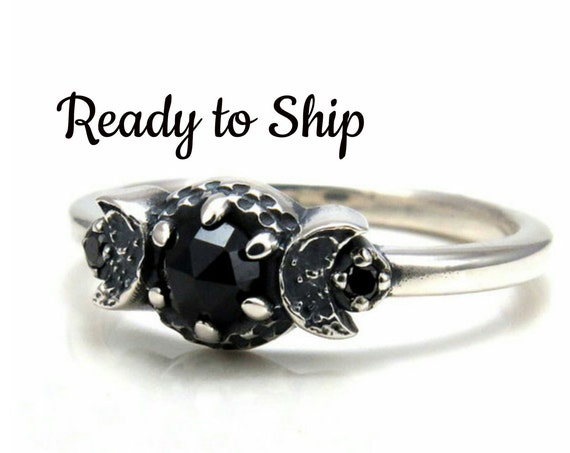 Ready to Ship - New Moon Crescent Moon Phase Ring - Black Diamonds and Black Spinel - Gothic Engagement Ring by Swankmetalsmithing