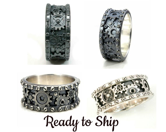 Mens Gear Ring - Sterling Silver Steampunk Band - Pick Your Finish - Ready to Ship