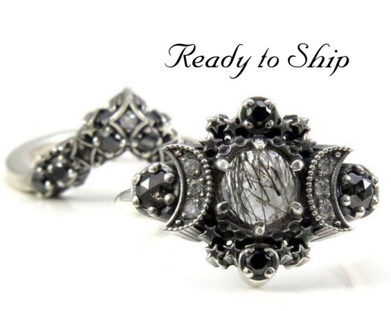 Ready to Ship Size 6 - 8 - Black Rutile Quartz Cosmos Moon and Star Ring - Sterling Silver with Stardust Diamond Chevron