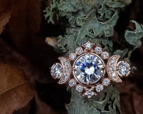Selene Triple Moon Goddess Engagement Ring - Moissanite or Galaxy Diamond Lunar Boho Wedding Ring -14k Rose Gold