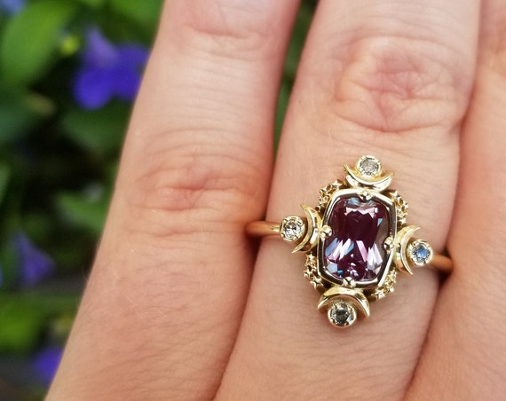 Artemis Moon Engagement Ring with Chatham Alexandrite Cushion and Salt & Pepper Diamonds - Goddess Engagement
