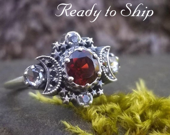 Ready to Ship Size 6 - 8 - Red Garnet & Grey Diamond Cosmos Moon Engagement Ring Set Silver Goddess Moon and Stardust Chevron Wedding Band