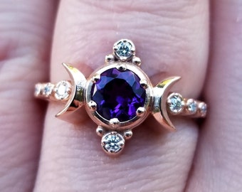 Round Cut Amethyst Engagement Ring, Compass Moon Setting with Natural Diamonds, 14k Rose Gold Purple Gemstone Goddess Jewelry