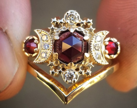 Ready to Ship Size 6 - 8 Rose Cut Red Garnet Cosmos Engagement Ring Set with Honey Champagne Diamonds - 14k Yellow Gold