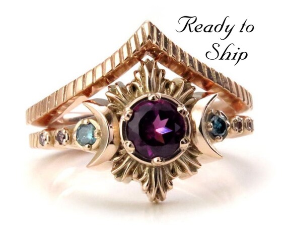 Ready to Ship Size 6 - 8- Purple Garnet Nebula Moon Fire Boho Engagement Ring Set with Blue & Lavender Diamonds
