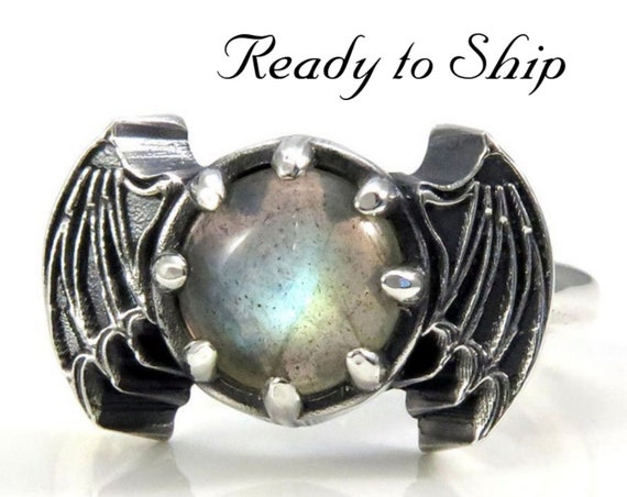 Ready to Ship Size 6 - 8 - Labradorite Bat Wing Gothic Engagement Ring - Sterling Silver Jewelry