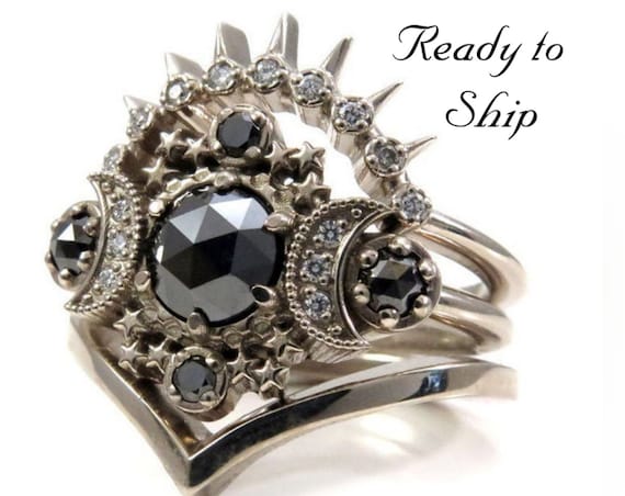 Ready to Ship Size 6 - 8 - Cosmos Moon Engagement Ring 3 Ring Set with Black & White Diamonds - Gothic Celestial Wedding Set - 14k Gold