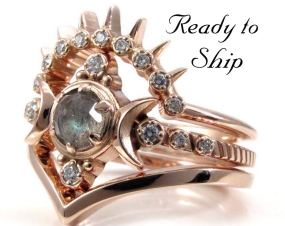 Ready to Ship Size 6 - 8 - Rose Cut Labradorite Compass Moon Engagement Ring Set with Diamond Sunray & Chevron Wedding Bands - 14k Rose Gold